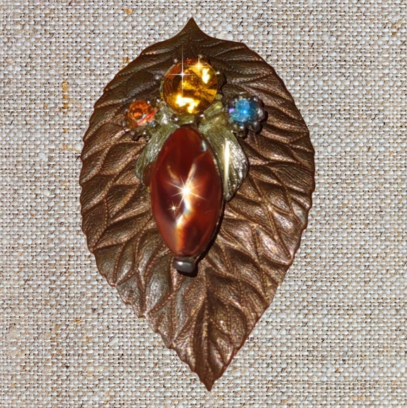 Jewel Embellished Upcycled Leaf Brooch - Picture 9 of 12